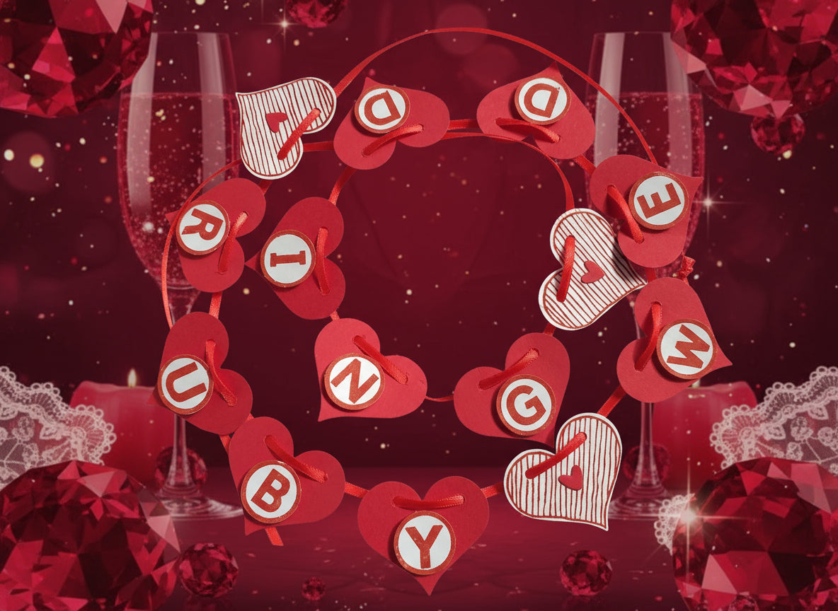 A handcrafted Ruby Wedding banner made of red satin ribbon with decorative red hearts and white text elements spelling 'RUBY WEDDING'.