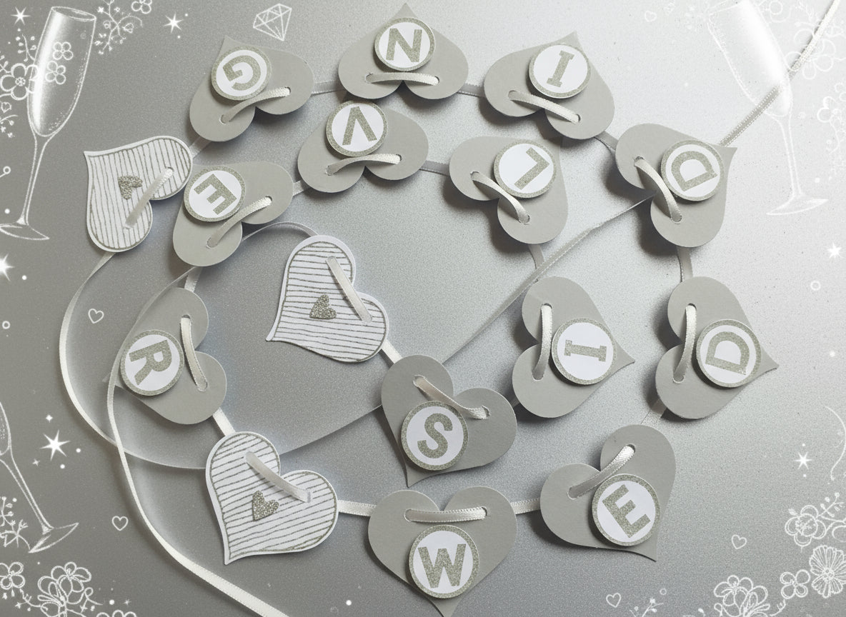 Handcrafted silver wedding banner with heart shapes and letters spelling out 'Silver Wedding' on a satin ribbon.