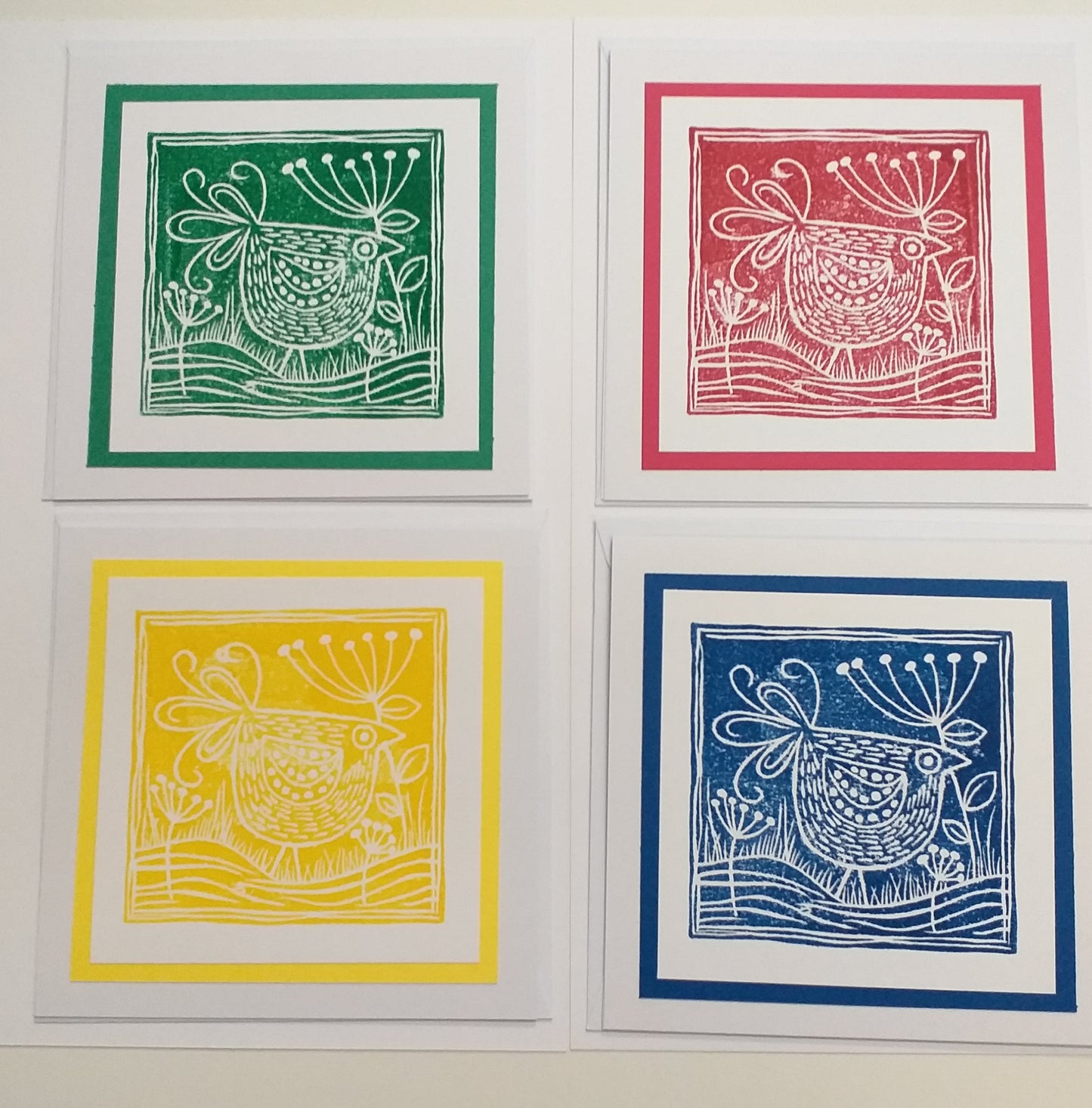 Set of Four Lino Cut Style Stamped Cheeky Chick Cards