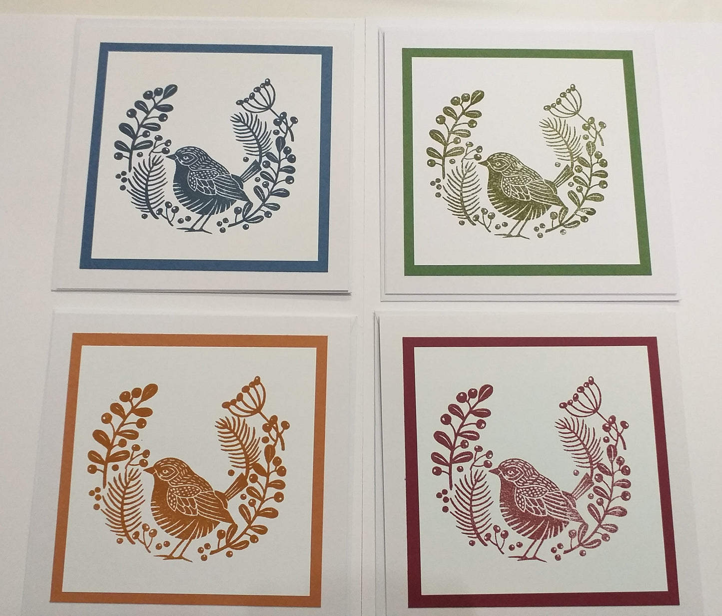 Set of Four Lino Cut Style Stamped Wren Cards