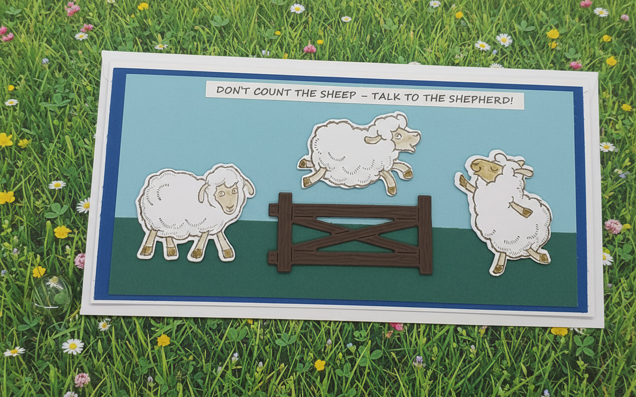 A colorful card with sheep illustrations and a wooden gate die cut, with a religious message encouraging communication with God.