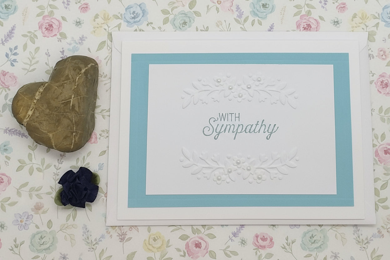 Card with 'With Sympathy' text on a floral background with stones and a flower.