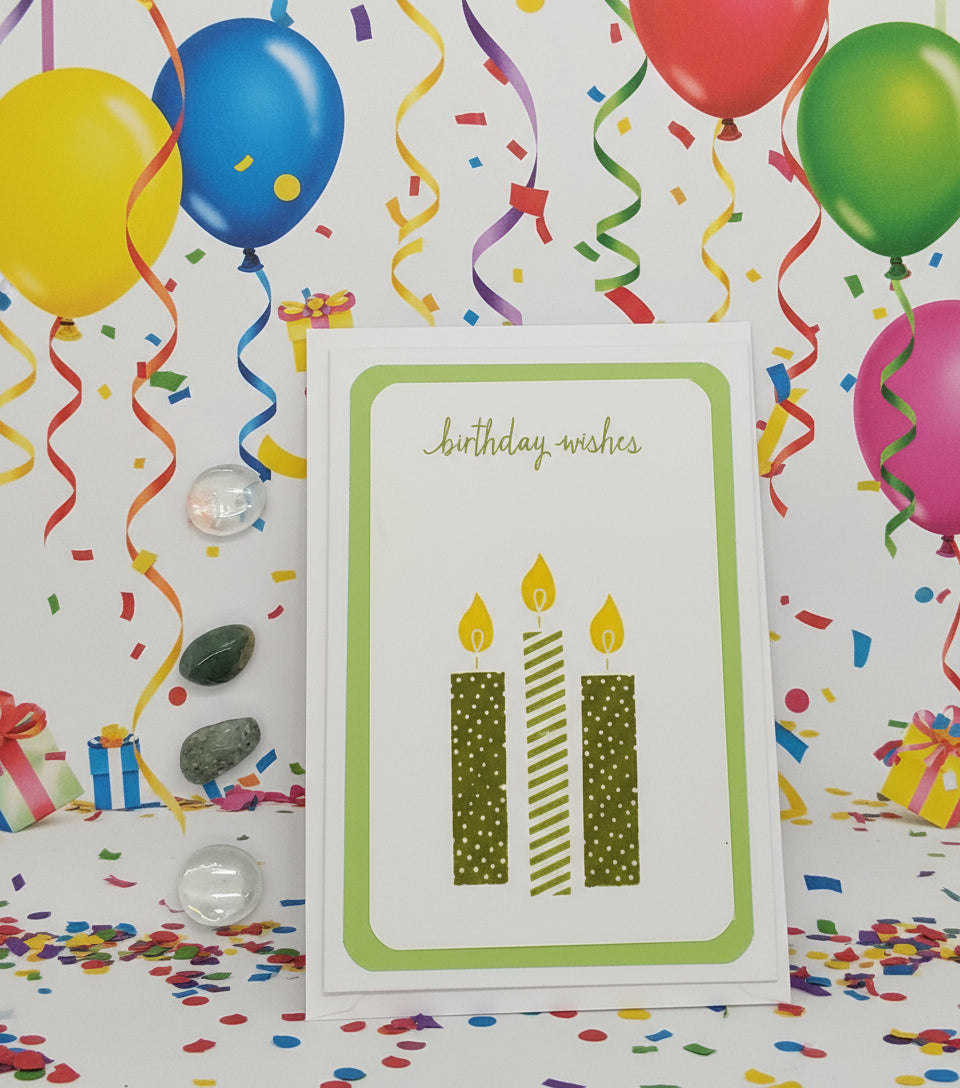 Birthday card with candles and 'Happy Birthday' text on a colorful background with balloons and confetti.