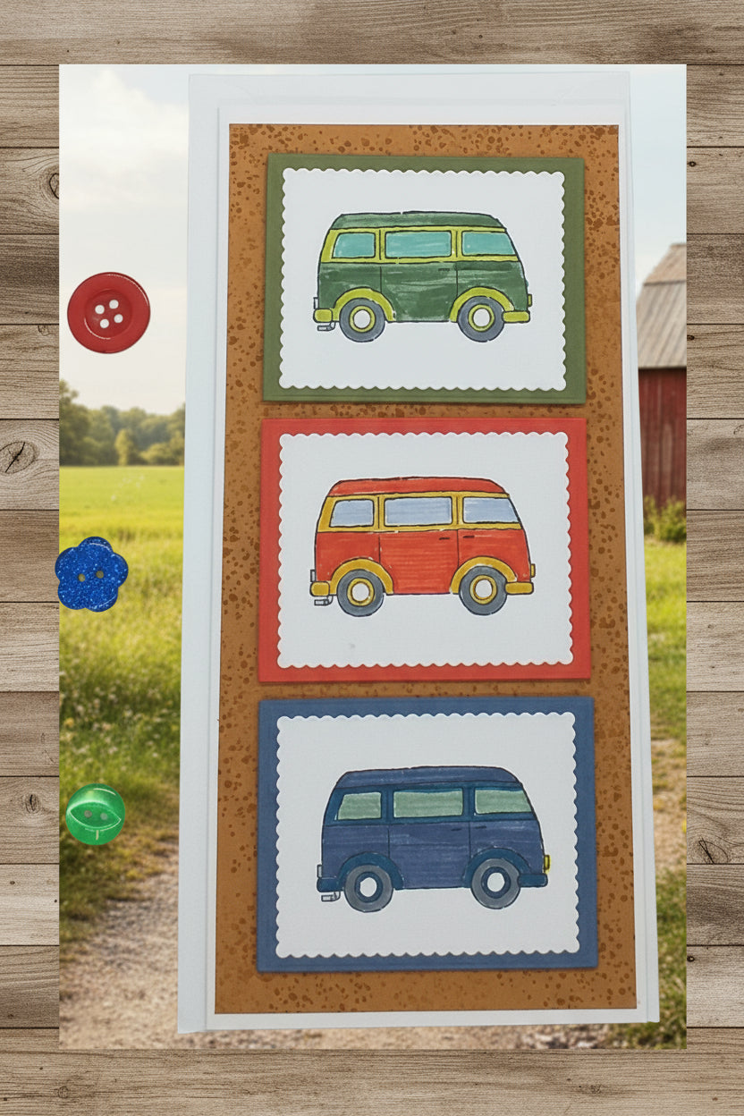 A card with three hand-stamped images of campervans in red, blue, and green on a white background, accompanied by an envelope.