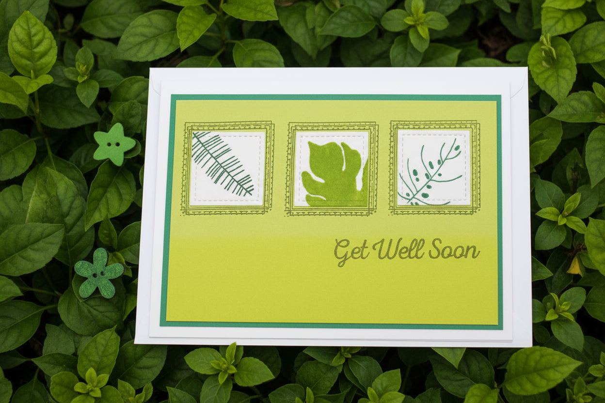 Greeting card with leaf designs and 'Get Well Soon' text on a green background