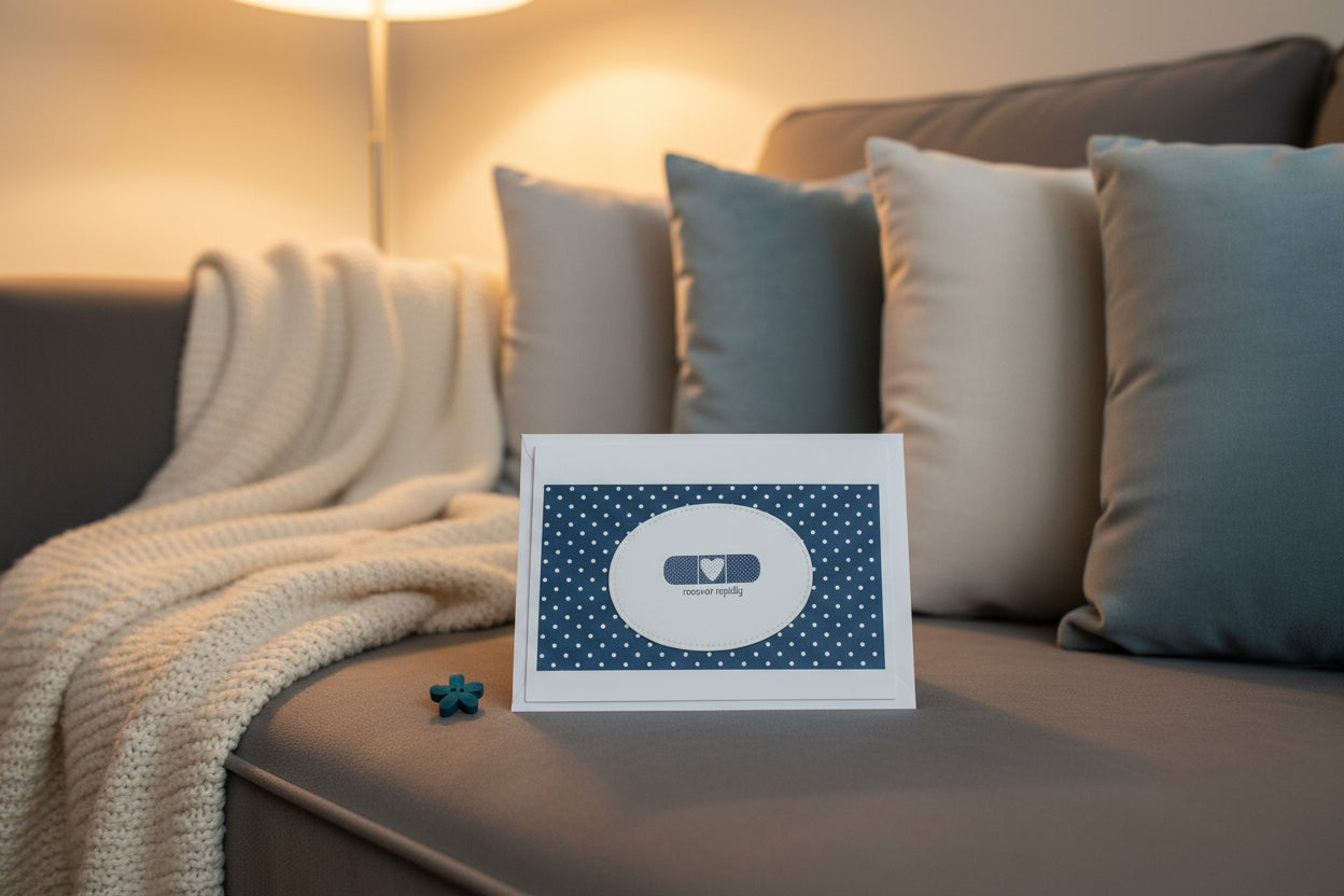 Card with bandage design and 'recover rapidly' text on a blue polka dot background, with decorative flowers on a light gray background.