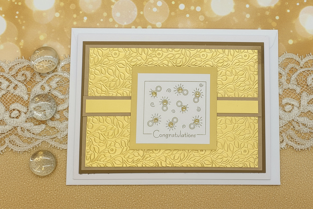 A gold embossed engagement card with floral patterns and gemstone accents, paired with an envelope.
