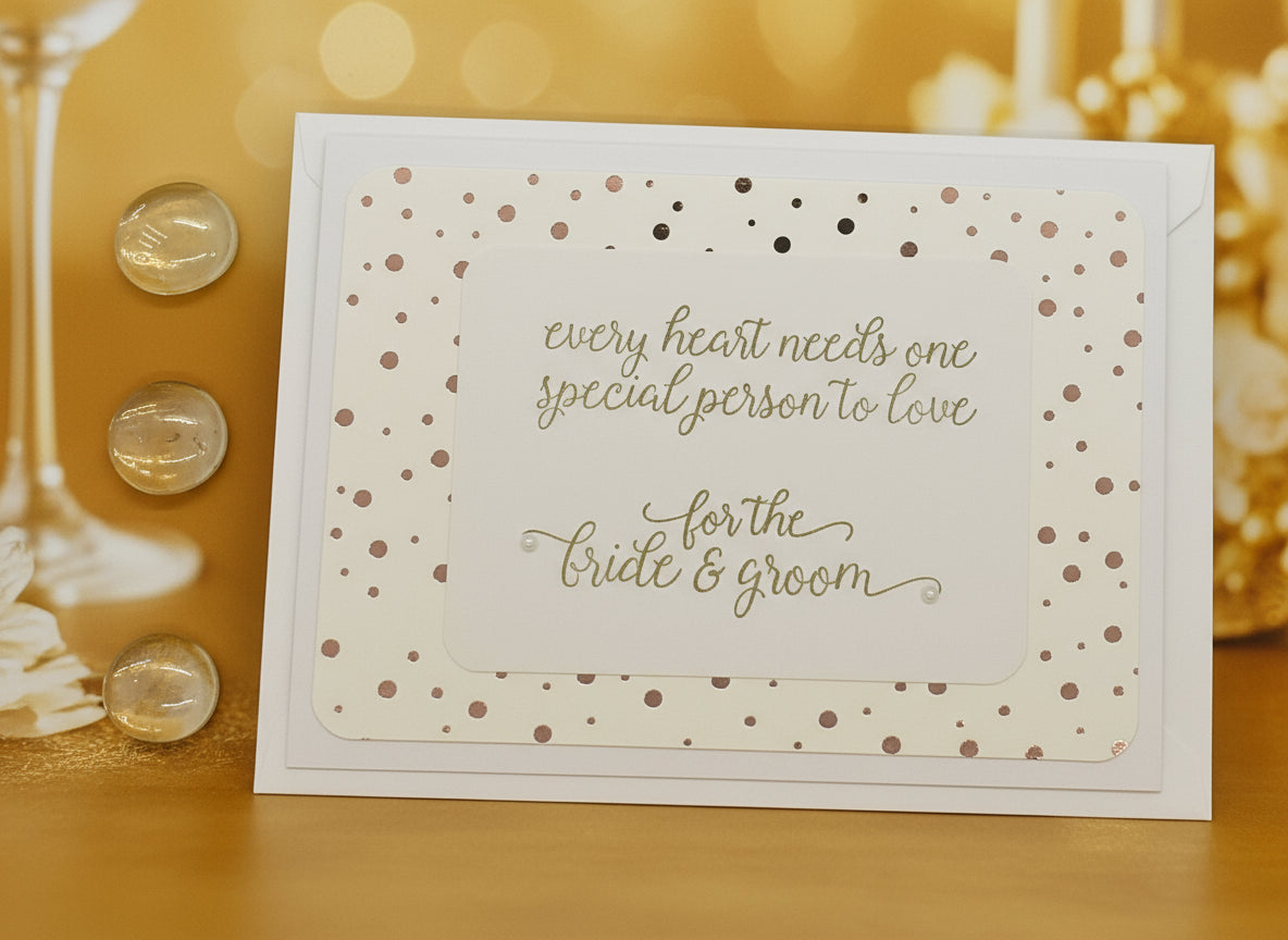 Wedding card with polka dot border and text on a wooden surface with coins.
