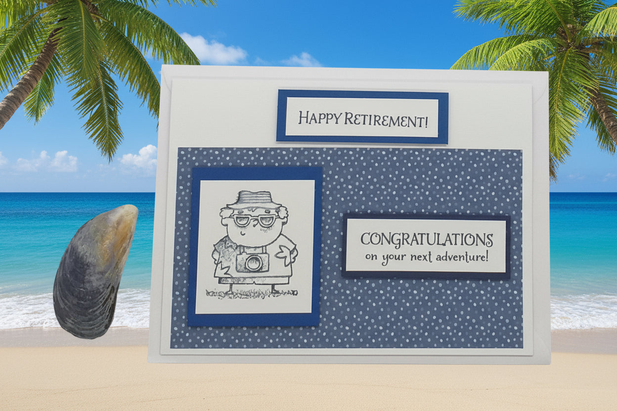 Retirement card with beach scenery, palm trees, and a shell.