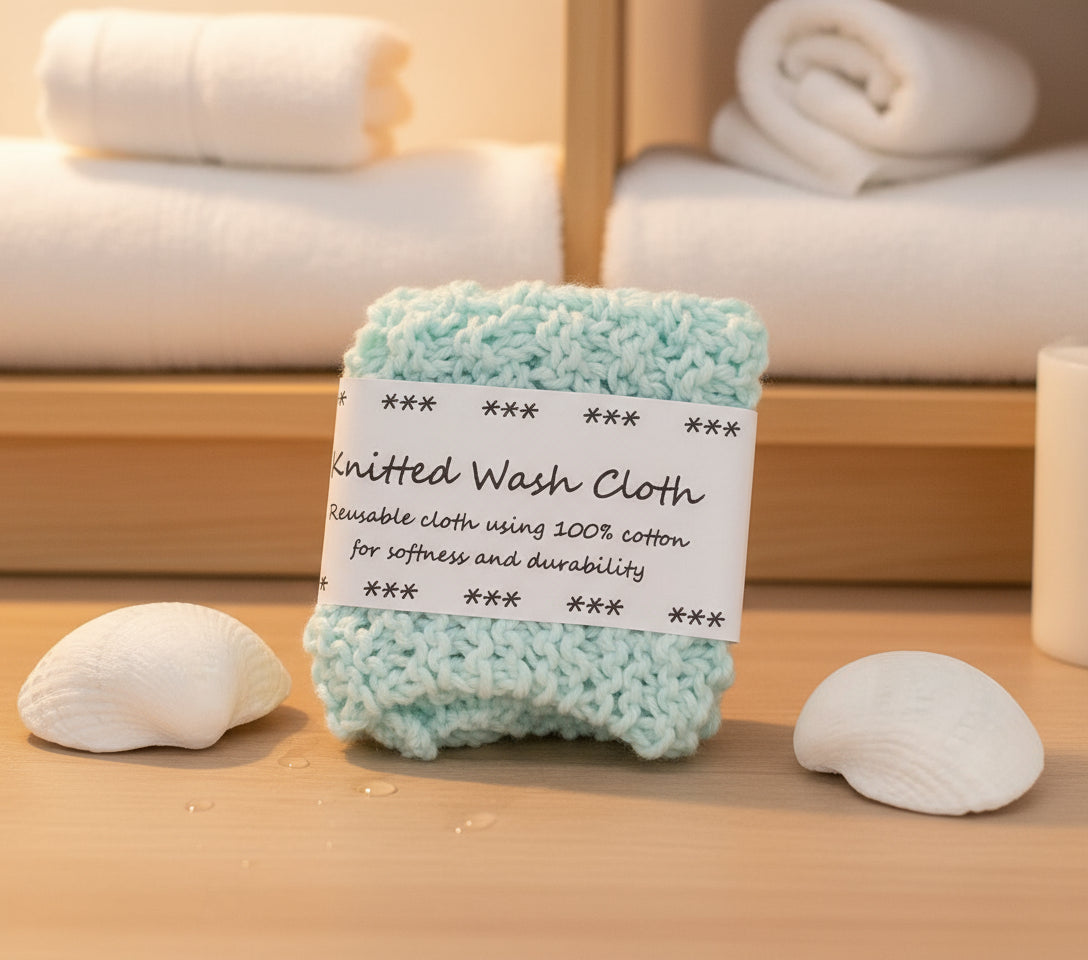 Knitted wash cloth with a label on a wooden surface with seashells.