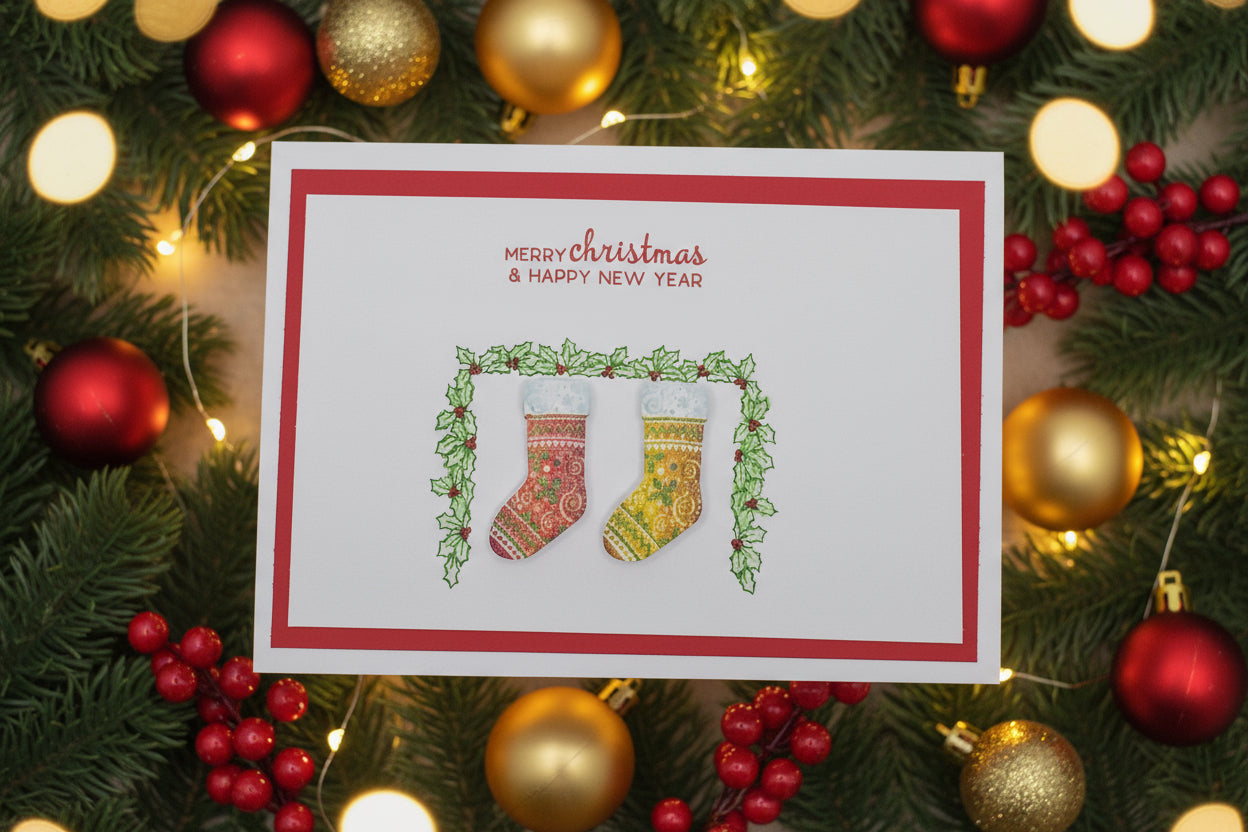 A Christmas card with a red background, featuring a white illustration of a Christmas tree, stockings, and the text 'Merry Christmas'. There are two colorful wooden buttons on the card.