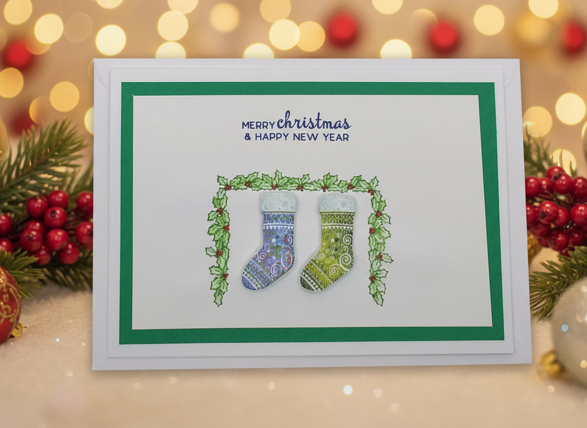 A Christmas card with a green background featuring a decoration that resembles two colorful wooden buttons, and the text 'Merry Christmas' along with the year '2023'.