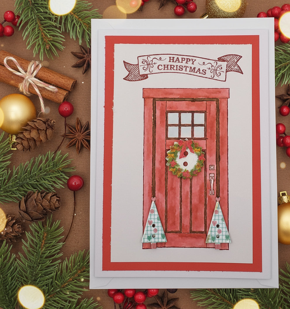 A hand-stamped Christmas card with a red front door design, three decorative buttons, and a 'Happy Christmas' greeting on a tag. The card is presented on a white background with some pine cones to the side.