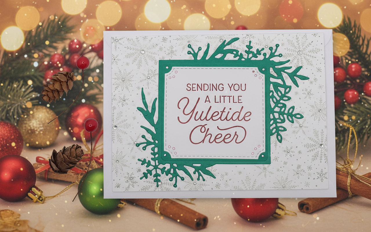 A Christmas card with a green and white design, including hand-stamped details and the text 'Sending you a little Yuletide Cheer'. The card is displayed with two brown decorative accents on the side.