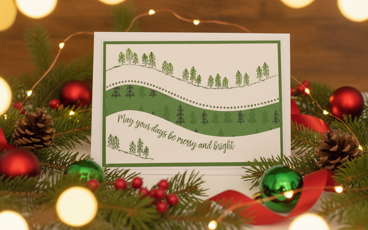 A hand-crafted Christmas card with a green background, featuring a curvy design with trees and the text 'Merry Christmas' along the path. The card is A6 sized and has a blank interior with a few red berries and brown leaf accents.