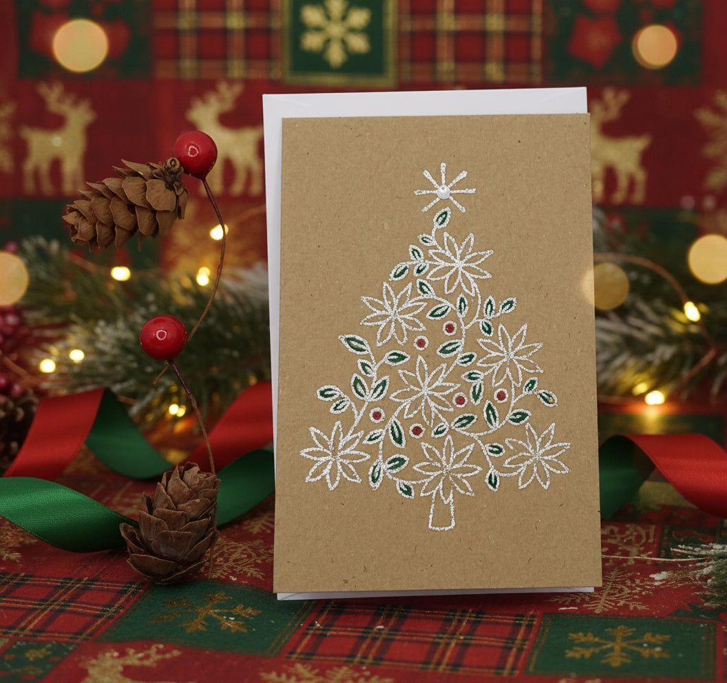 A greeting card with an embossed Christmas tree design, decorated with a red berry and a pine cone, on a white background.