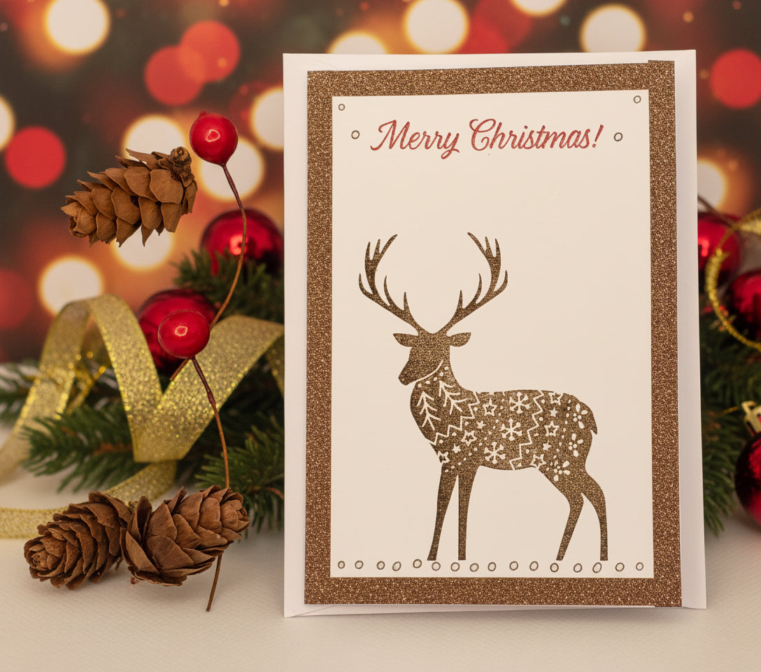 A Christmas card featuring a reindeer with a festive jumper and a 'Merry Christmas' message, accompanied by pine cones and red berries.