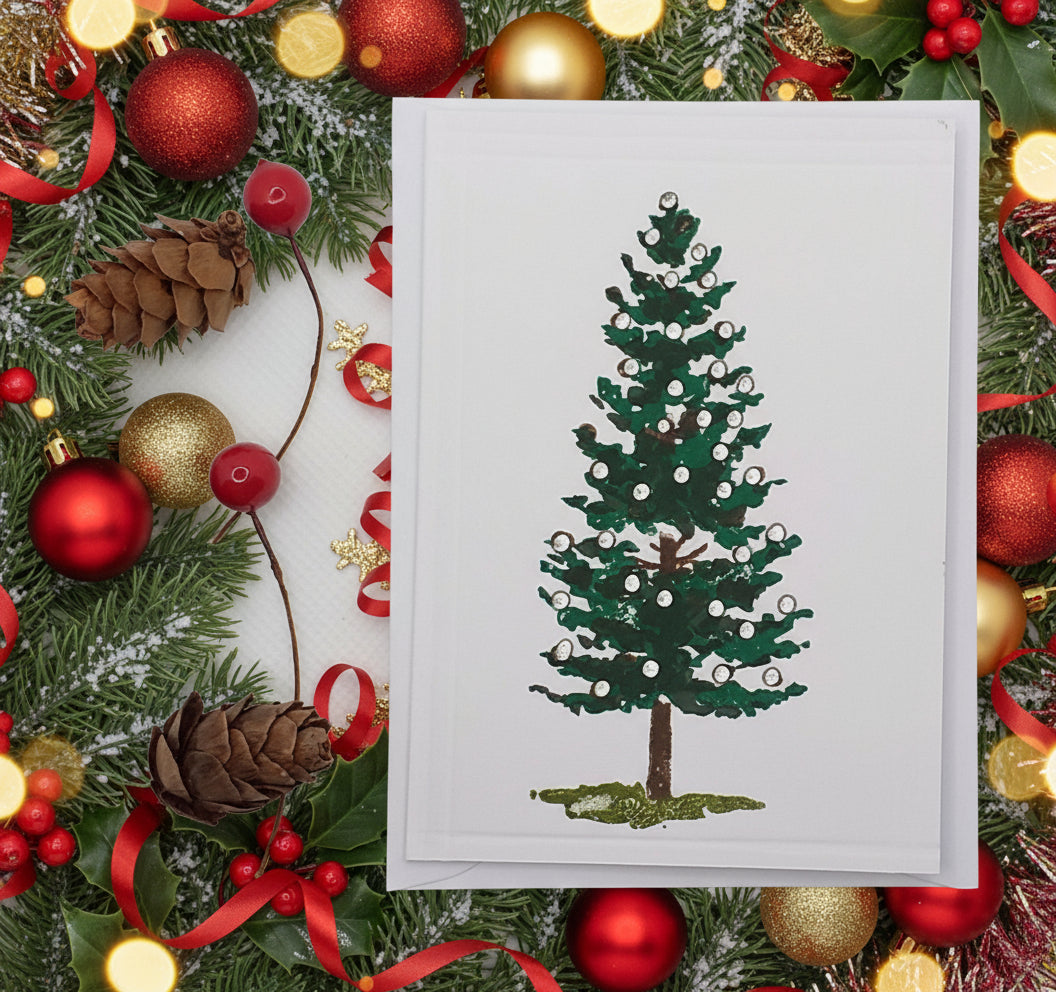 A hand-stamped Christmas card featuring a green and red tree with ornaments, paired with two brown pine cones.