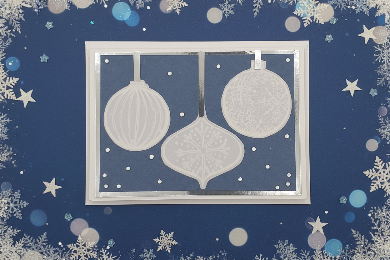 A blue, triple-layered Christmas card with white bauble designs and stars, accompanied by a red berry and a pine cone.