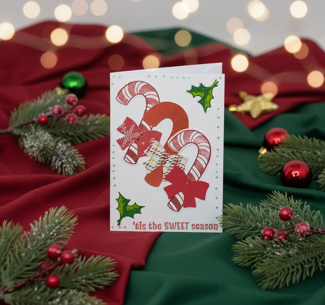 A Christmas card with a hand-stamped candy cane design, red and white with festive patterns and the text 'It's the sweet season' on the front, accompanied by two pine cones to the left.