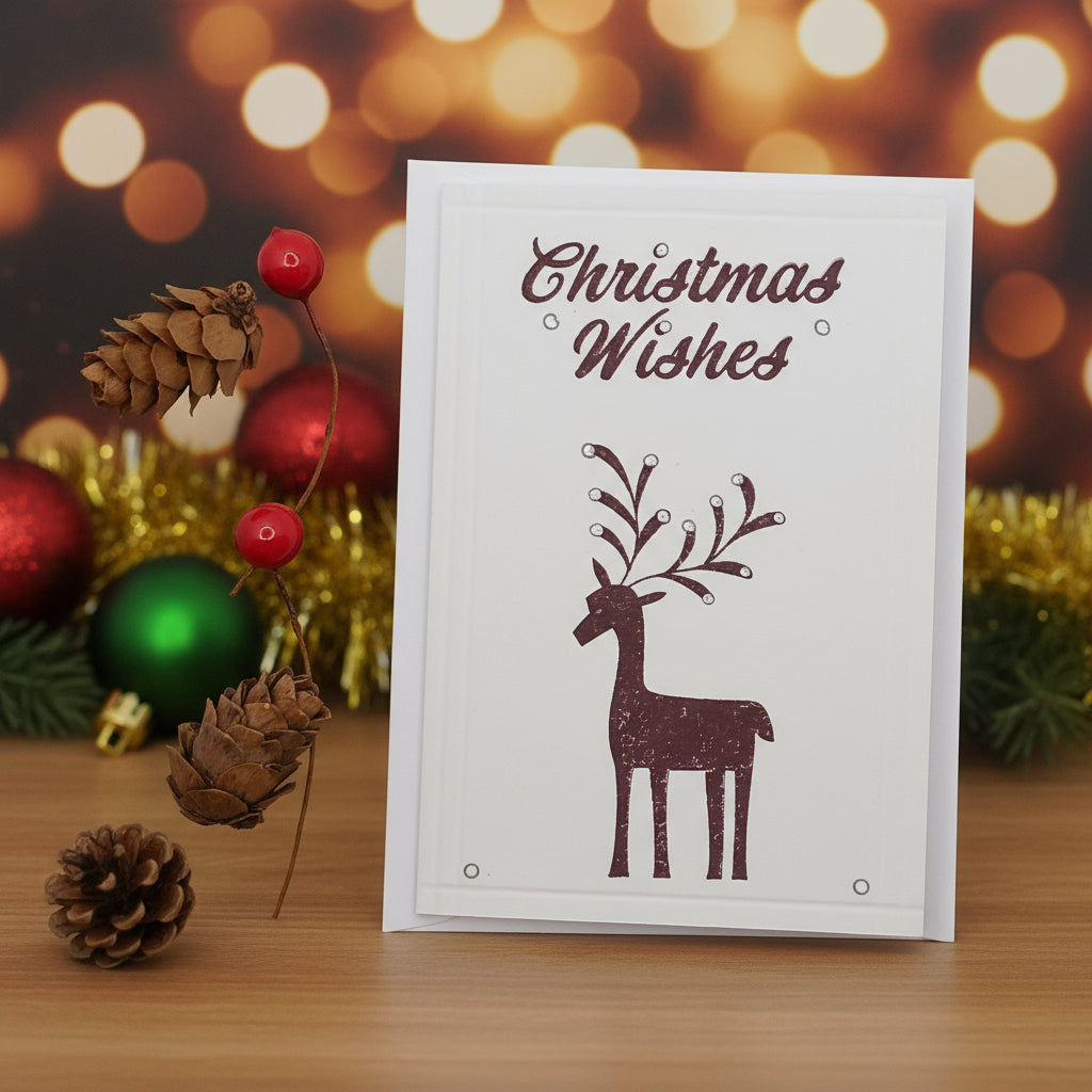 An a7-size Christmas card with a deer illustration and the text 'Christmas Wishes' on the front, accompanied by two red berries and a pine cone.