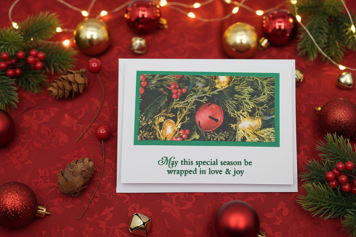A Christmas card with a red bell and green foliage design, placed on a white surface, with a hand-stamped sentiment that reads 'My this special season be trapped in love & joy'.
