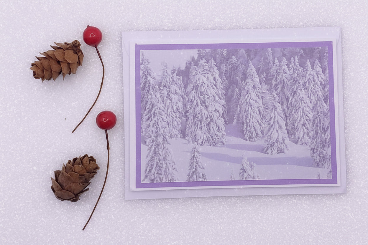 The image shows a Christmas card with a snowy tree scene, accompanied by a pine cone and a red berry, against a white background.