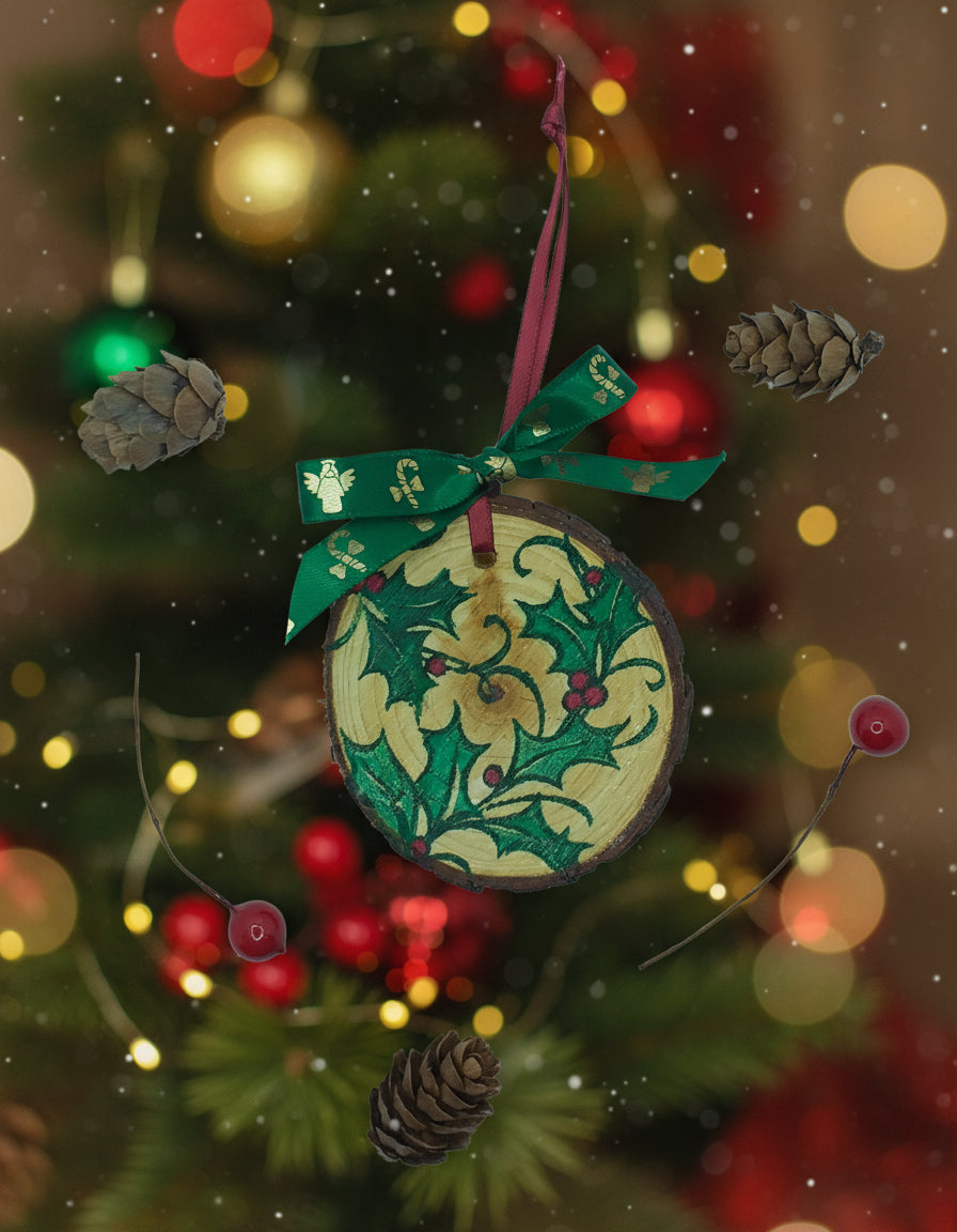 A hand-stamped, colored wood slice with a design of holly leaves and berries, adorned with a green bow, red berries, and a hanging ribbon.