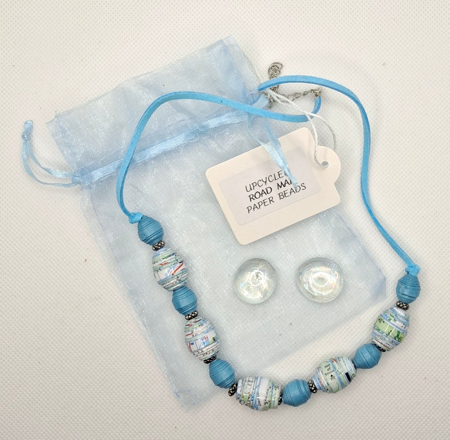 Hand Rolled Upcycled Road Map Paper Bead Necklaces