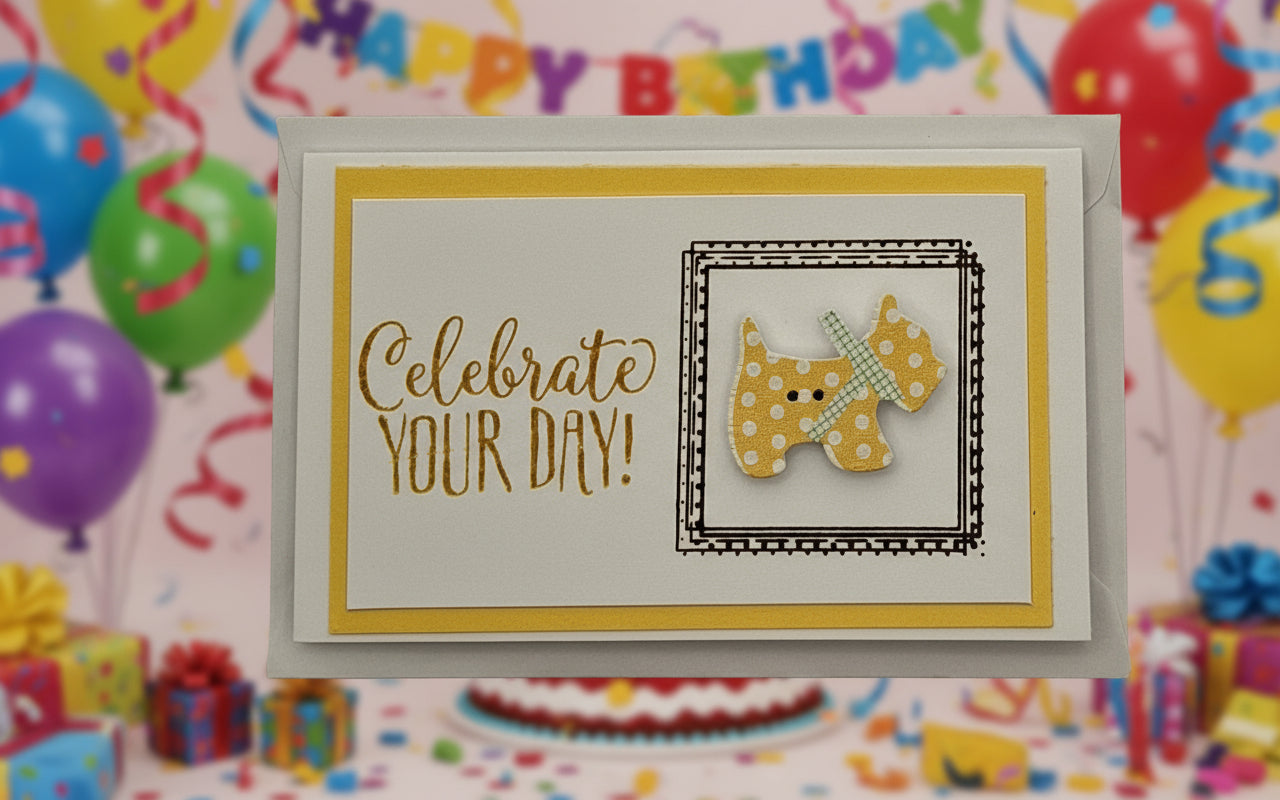 Celebrate Your Day - Wee Dog Button Card- Choice of 8 Colours