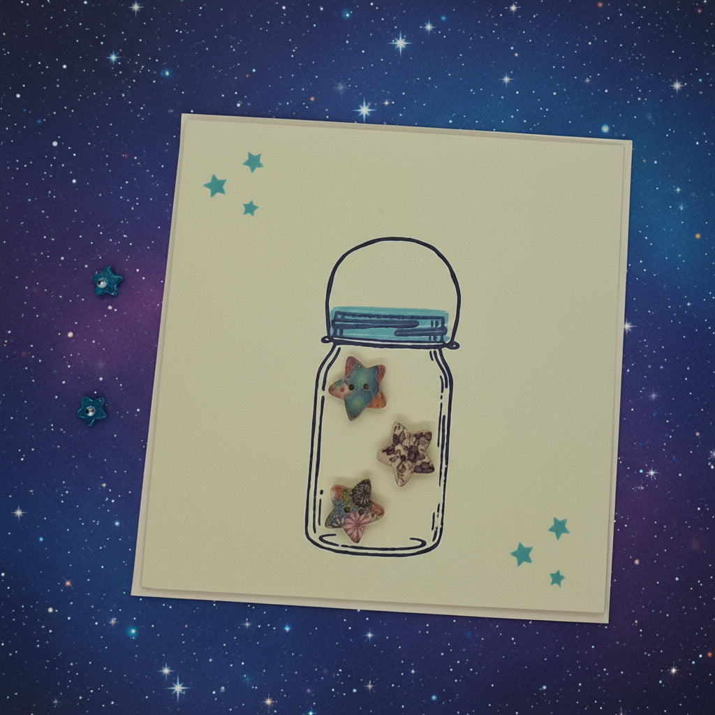 A handcrafted greeting card featuring a jar with star buttons inside, set against a yellow background with stamped stars.