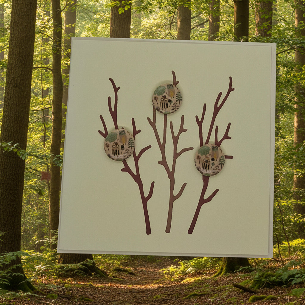 A greeting card with die-cut branches and three buttons, set against a pale background. The card is blank inside and an envelope is included.