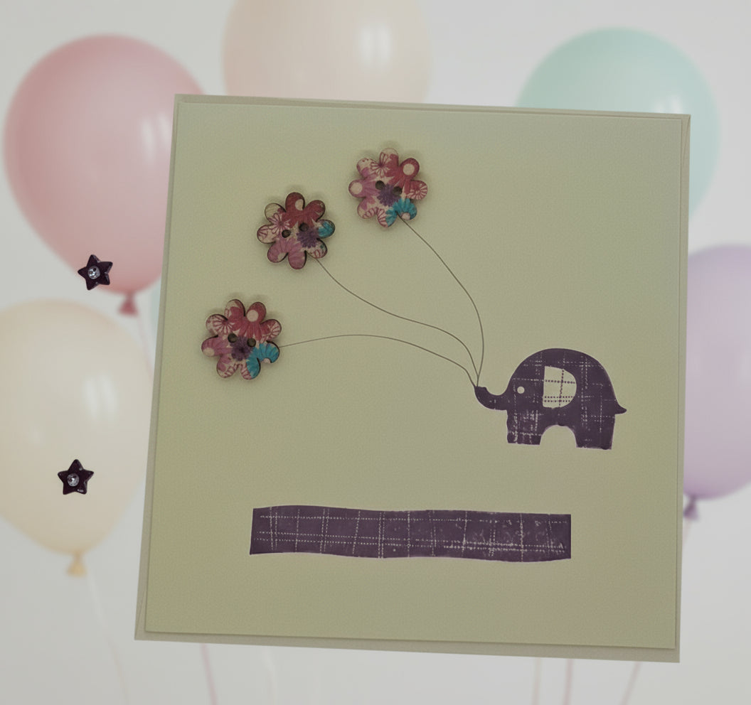 Elephant Holding Buttons Card - Choice of Colours