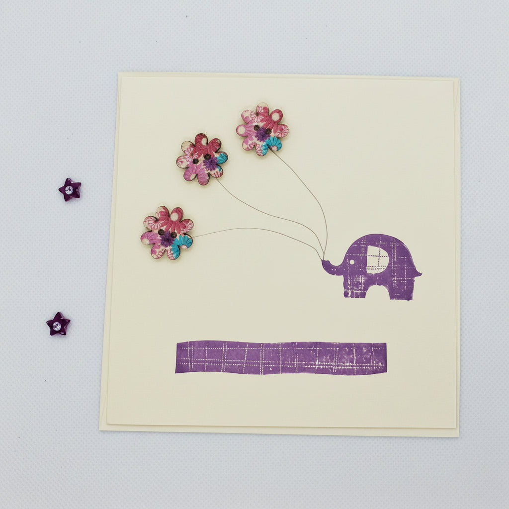 Elephant Holding Buttons Card - Choice of Colours