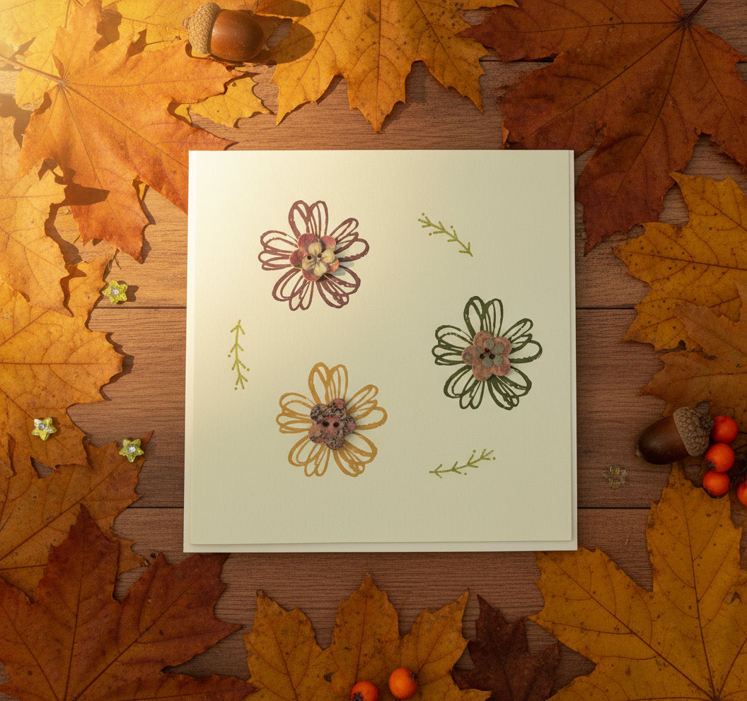 A hand stamped greeting card with three flowers and a vibrant button in the center of each flower. The card is 13.