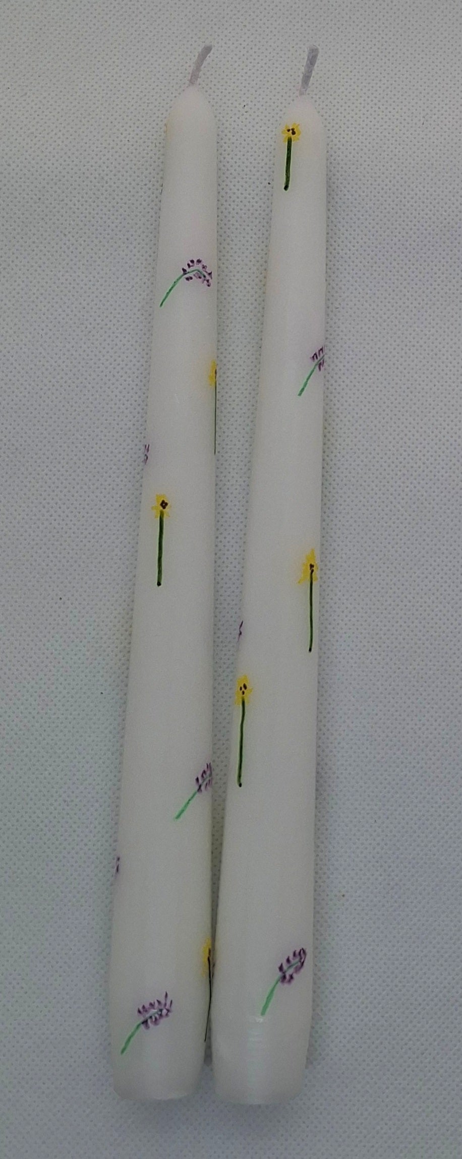 Pair of Hand Painted Taper Dinner Table Candles - Sunflowers & Lavender