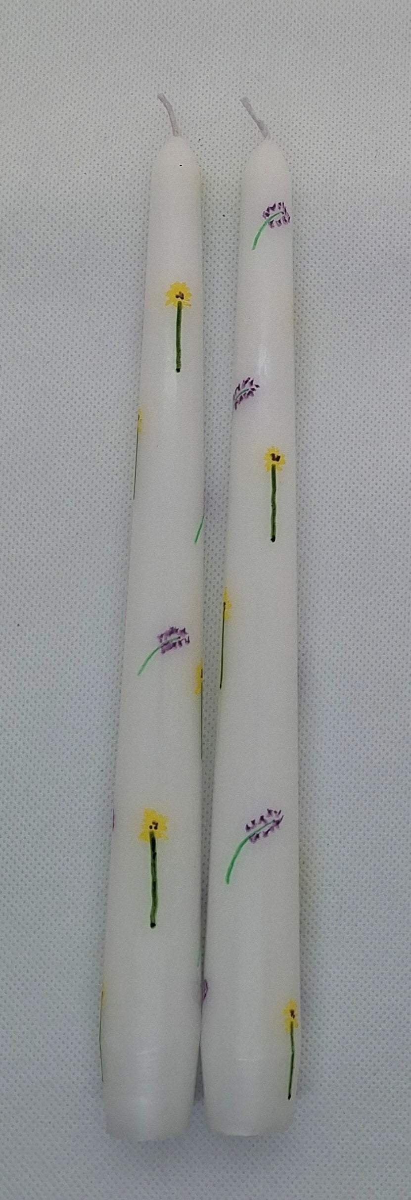 Pair of Hand Painted Taper Dinner Table Candles - Sunflowers & Lavender