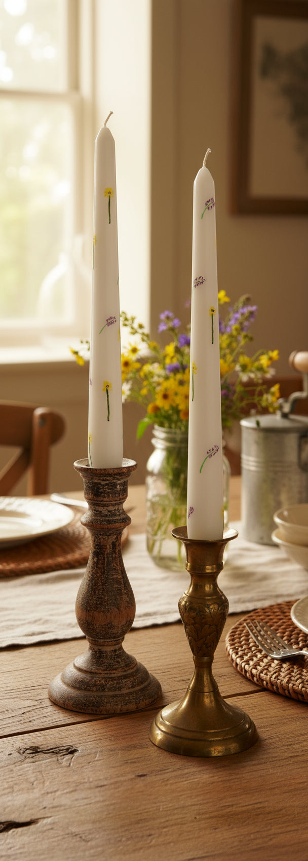 Pair of Hand Painted Taper Dinner Table Candles - Sunflowers & Lavender