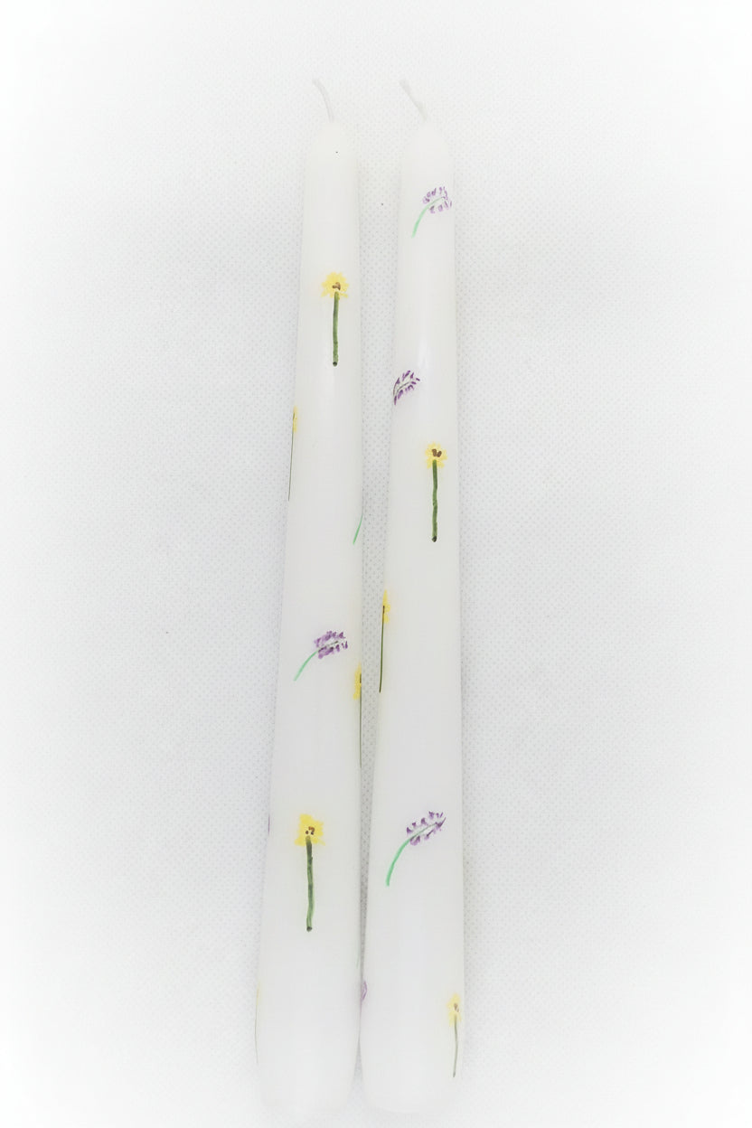 Pair of Hand Painted Taper Dinner Table Candles - Sunflowers & Lavender