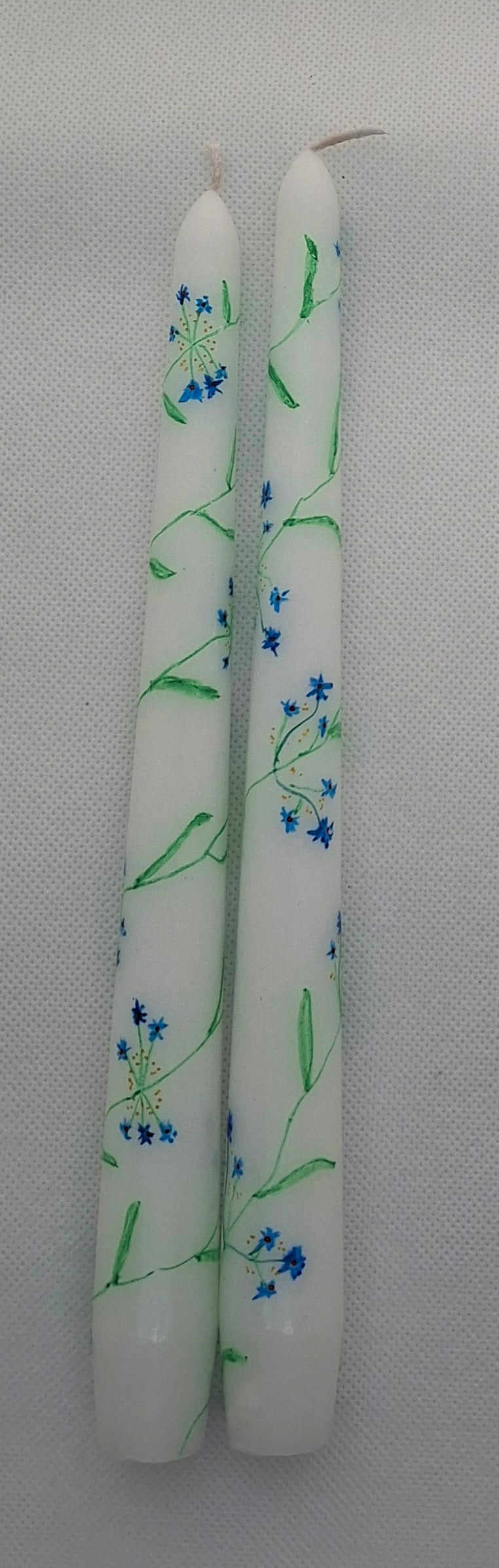 Pair of Hand Painted Taper Dinner Table Candles - Blue Misty Flowers