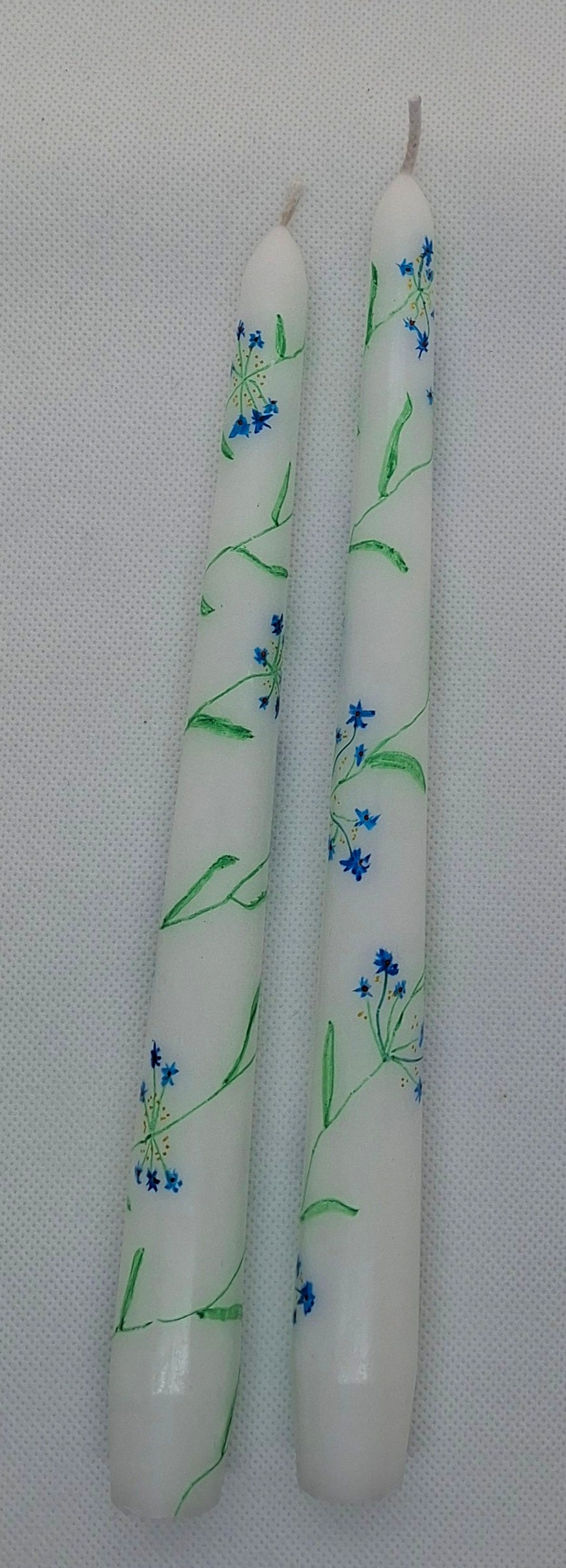 Pair of Hand Painted Taper Dinner Table Candles - Blue Misty Flowers
