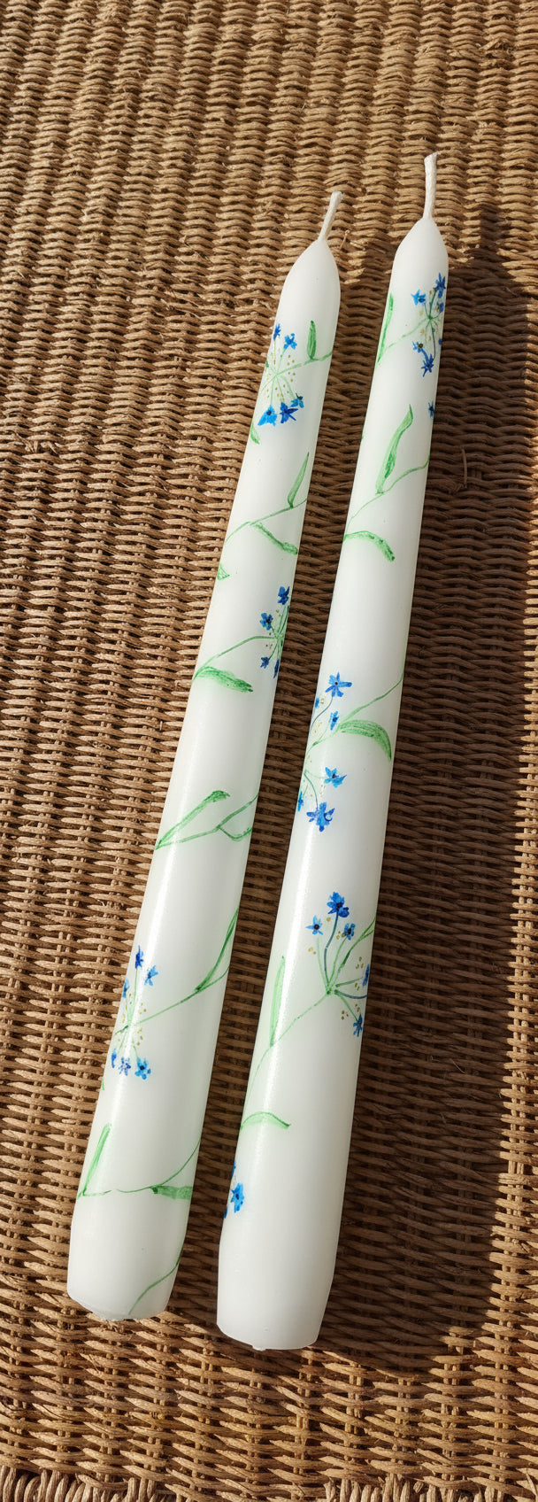 Pair of Hand Painted Taper Dinner Table Candles - Blue Misty Flowers