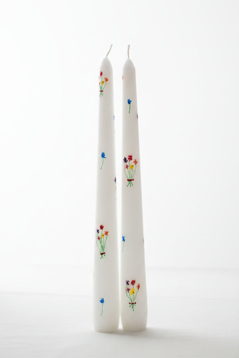 Pair of Hand Painted Taper Dinner Candles - Mini Bouquets
