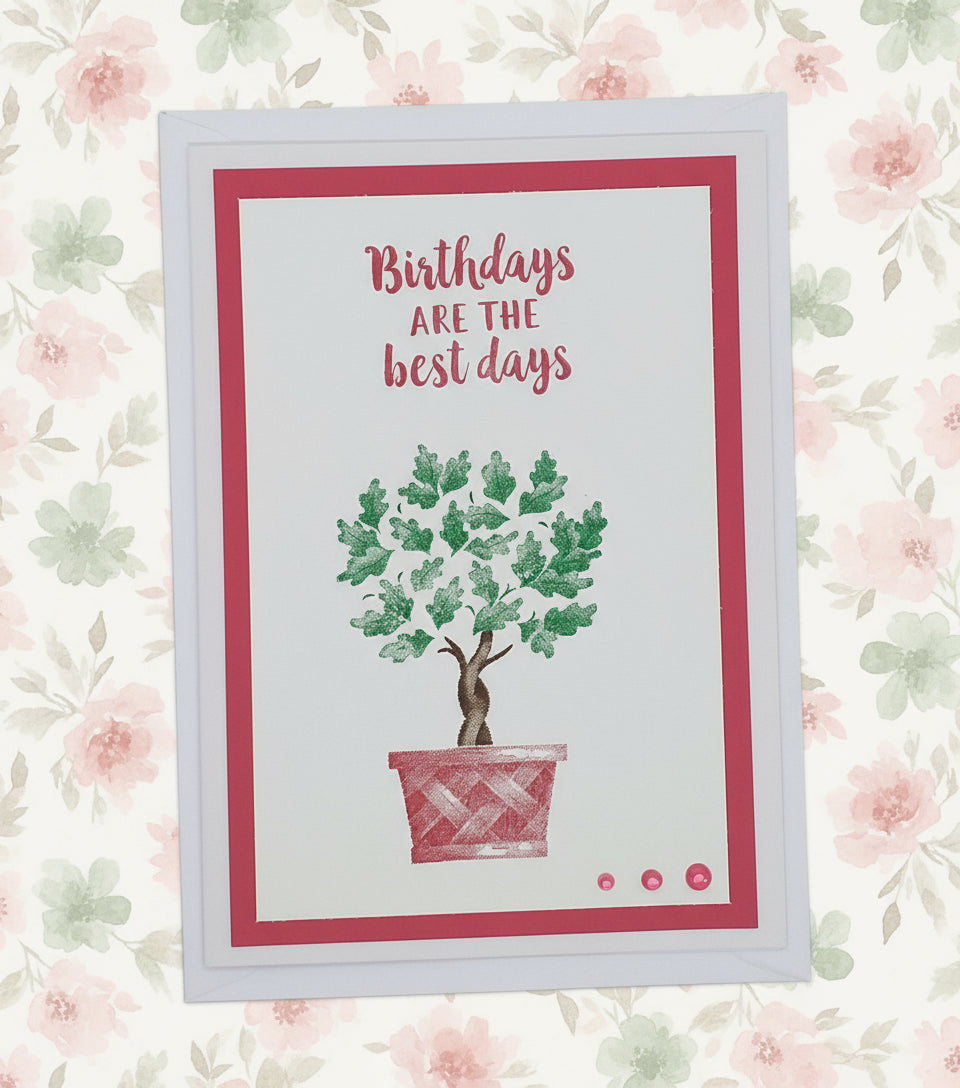Card with a tree illustration and text 'Birthdays ARE the best days' on a white background.