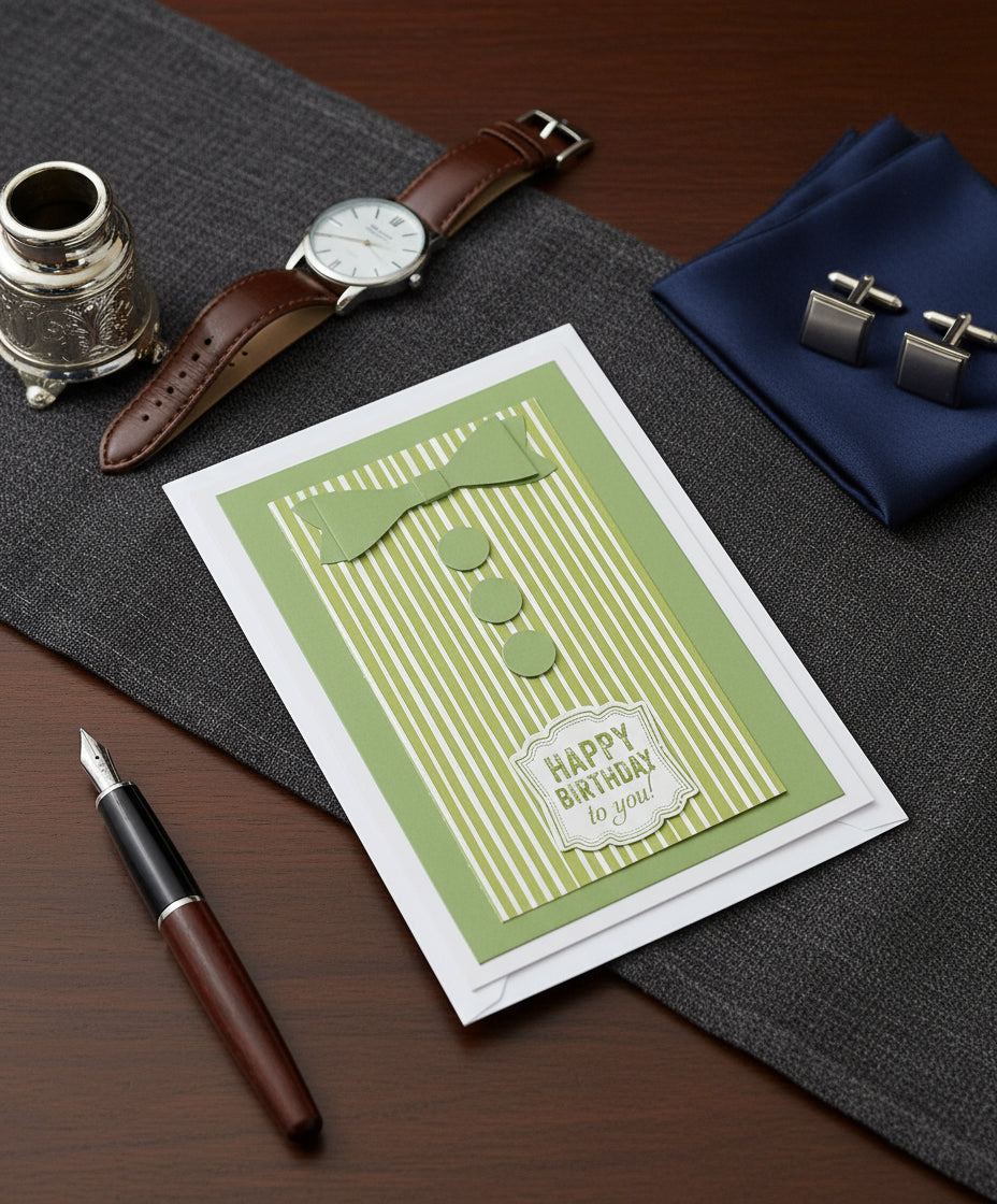 Greeting card with green shirt design, watch, cufflinks, and pen on a dark surface