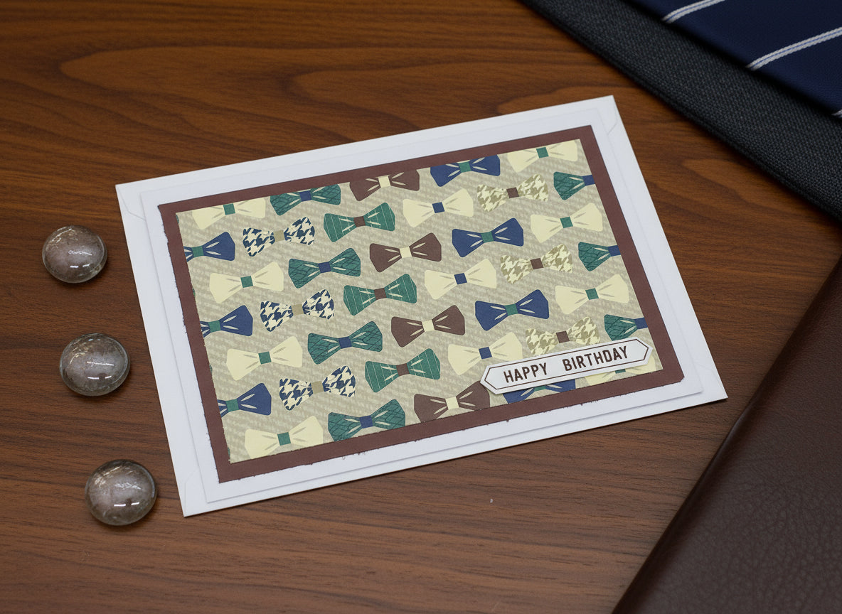 A colorful birthday card featuring patterns of bowties with a 'Happy Birthday' message, accompanied by an envelope and two loose bowtie designs in the corner.