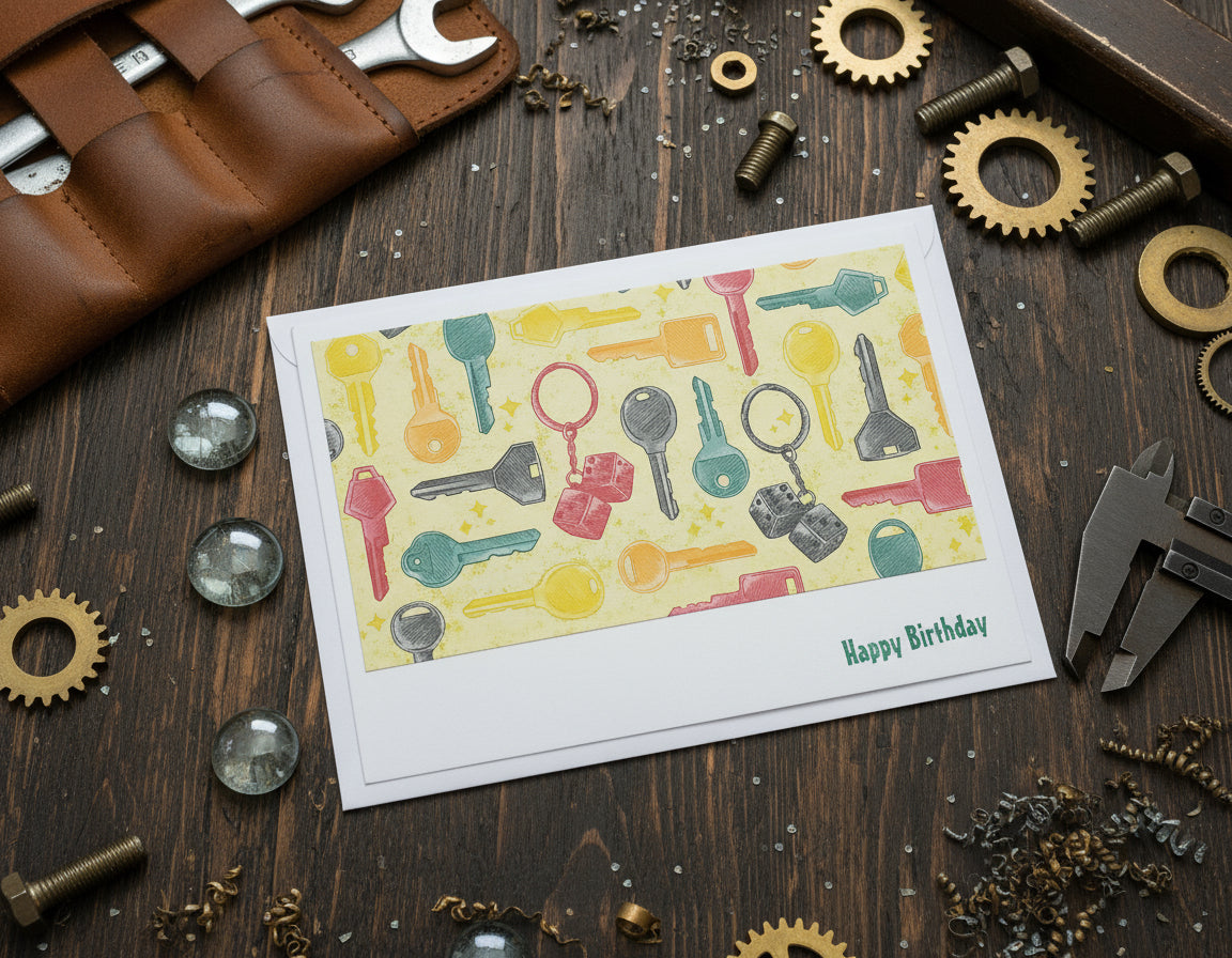 Colorful key pattern on a birthday card with 'Happy Birthday' text, surrounded by decorative items.
