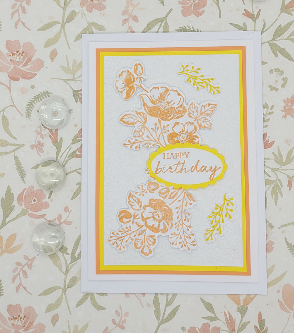 A cheerful floral birthday card with 'Happy Birthday' text in the center, surrounded by orange and yellow flowers, presented with two clear marbles on the side.