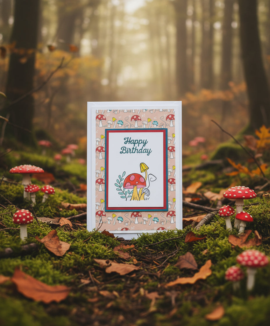 A greeting card with 'Happy Birthday' text, decorated with colorful mushroom illustrations and a small, clear ornament on the front, accompanied by a matching envelope.