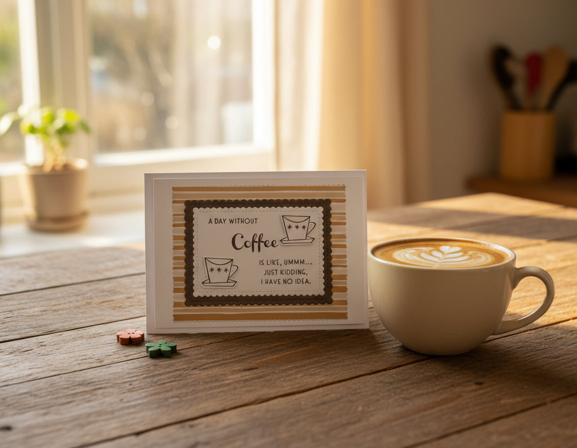 Framed quote about coffee on a wooden table with a cup of coffee.
